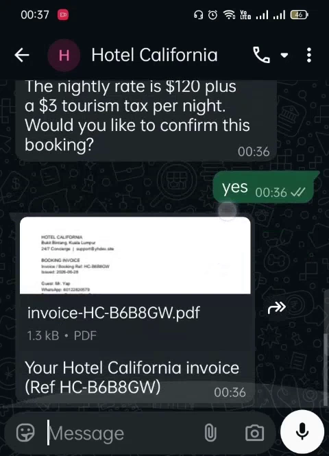 Auto-generated PDF booking invoice sent automatically inside the WhatsApp chat